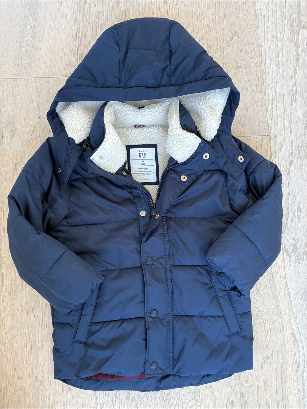 GAP Boy's Navy Puffer Jacket with Sherpa Hood Lining